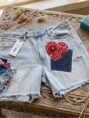 Light Wash Jean Shorts NWT Upcycled with Red Bandana Heart and Navy Pocket